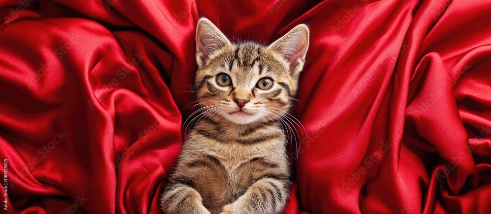 Poster A smiling tabby kitten rests on red satin bedding Valentine s Day theme Top view Copyspace available for text
