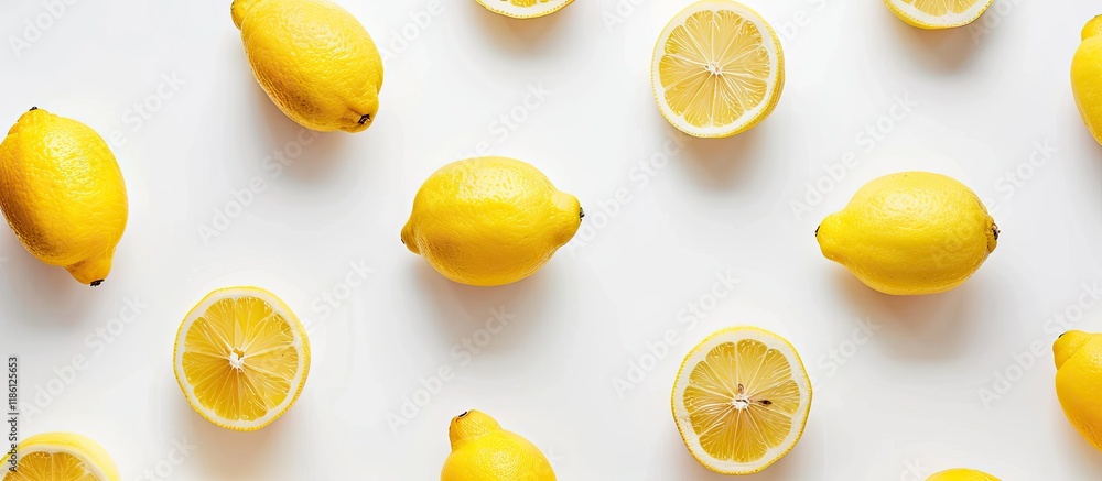 Poster lemons on a white background from above. with copy space image. place for adding text or design