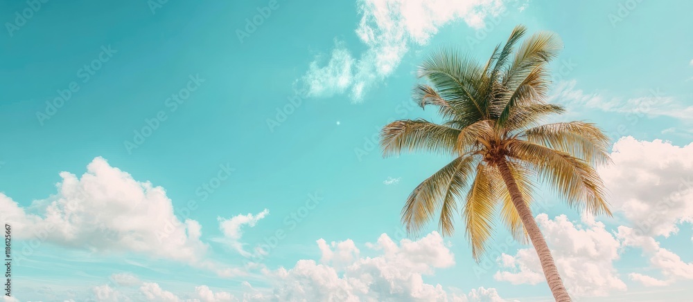 Aufkleber summer at the beach with a palm tree under the blue sky and clouds includes copy space minimalist co