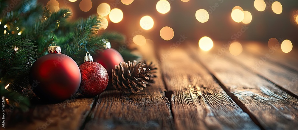 Fototapete beautiful Christmas Eve backdrop on a rustic table with wooden ornaments. with copy space image. Place for adding text or design