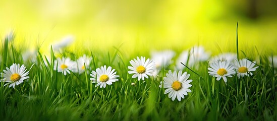 Close up of wild daisy flowers among green grass. with copy space image. Place for adding text or design