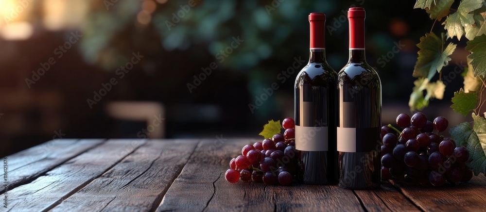 Leinwandbilder wine bottles and wooden tabletop. with copy space image. place for adding text or design