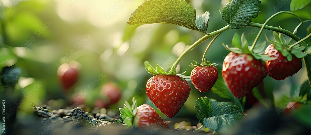 Poster detail of a strawberry plant featuring both ripe and unripe strawberries in an organic garden. with 