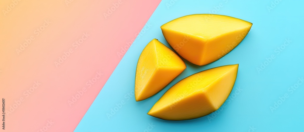 Poster sweet sliced mango on a colorful background. with copy space image. place for adding text or design