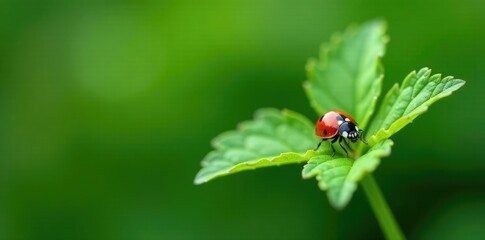 Fototapeta premium Ladybug and small bug on nettle leaf with stem, botanical, small bug, natural world