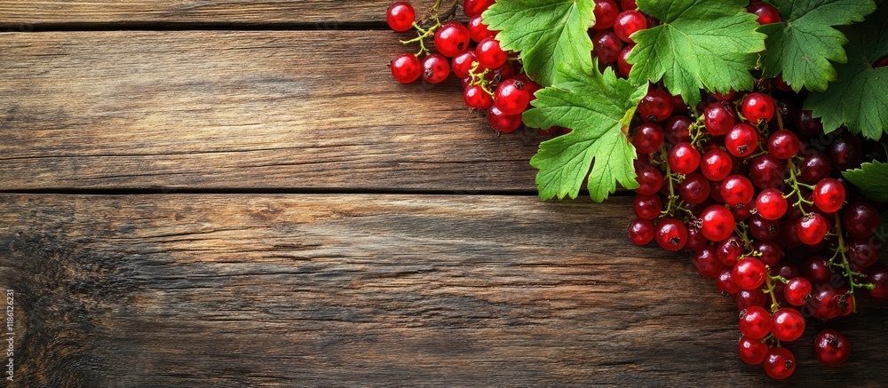 Fototapete fresh red currants with green leaves on a rustic wooden table top view with copy space