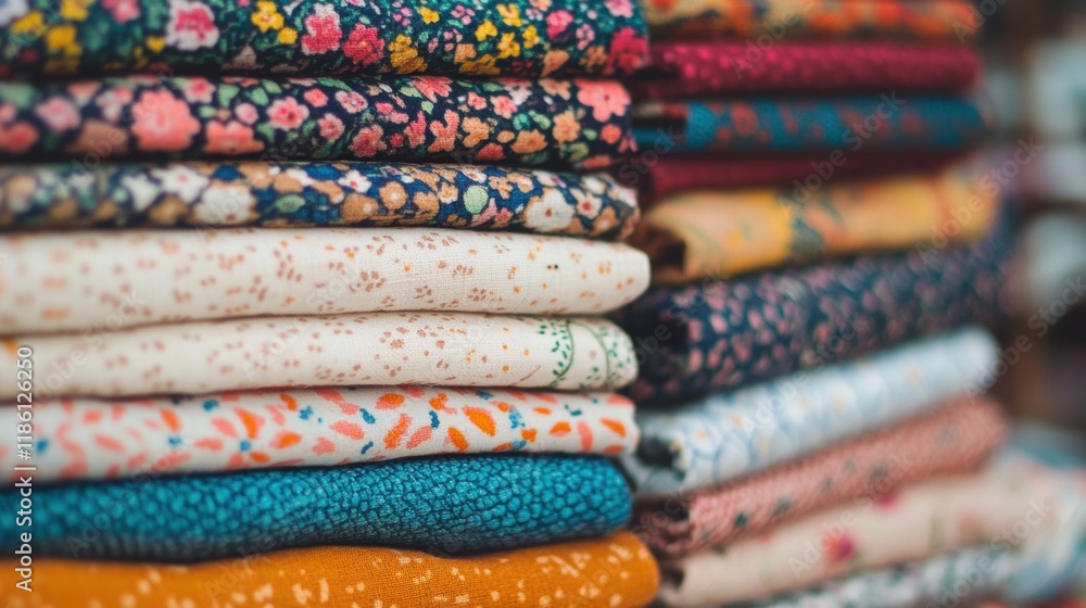 Poster a stack of colorful folded fabrics featuring floral patterns displayed in a textile shop, showcasing