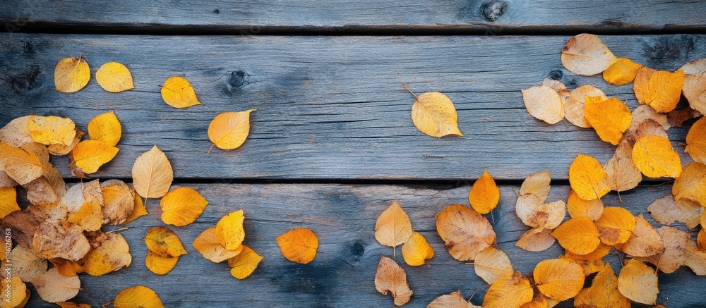 Poster autumn yellow leaves on a wooden background. with copy space image. place for adding text or design