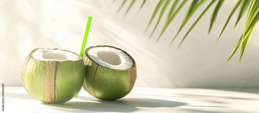 Poster broken coconut and green coconut with a straw on a white background. with copy space image. place fo