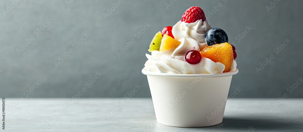 Poster a cup filled with ice cream topped with fruits and cream. with copy space image. place for adding te