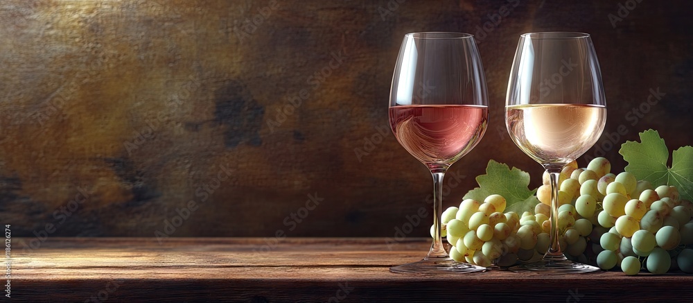 Aufkleber Two glasses of wine one rose and one white are placed against a backdrop with a cluster of grapes all set on a wooden texture that includes copyspace
