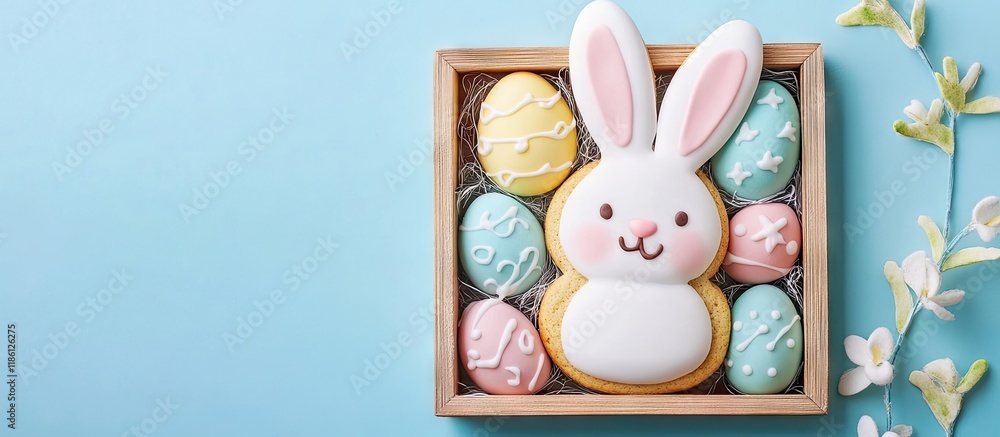 Poster colorful easter bunny and egg cookies in a wooden frame blue background top view. with copy space im