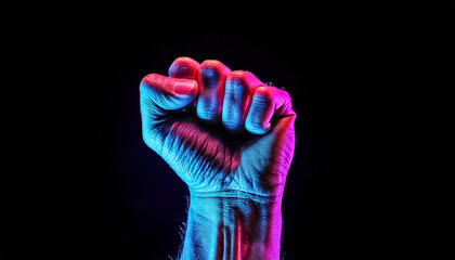 strength: colorful glowing neon hand holding fist, dark background