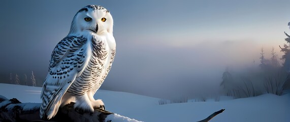 A breathtaking photograph of a snowy owl perched majestically on a branch in a snowy landscape