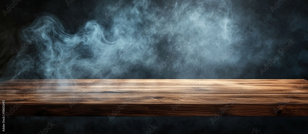 Poster empty wooden table with smoke rising against a dark background. with copy space image. Place for adding text or design