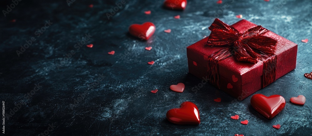 Poster Valentine s Day theme with candy hearts a red gift box on a black background Greeting card featuring space for text. with copy space image. Place for adding text or design