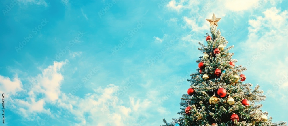 Poster Adorned Christmas tree set against a blue sky backdrop. with copy space image. Place for adding text or design