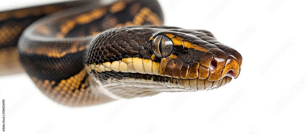 Fototapete Reticulated Python Python reticulatus set against a white background. with copy space image. Place for adding text or design