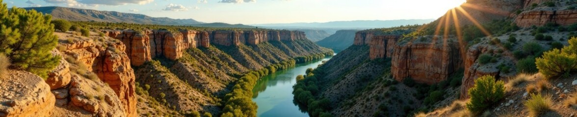 Fototapeta premium Landscape of Palo Duro Canyon with a winding river and lush vegetation, high plains, landscape, texas landscape