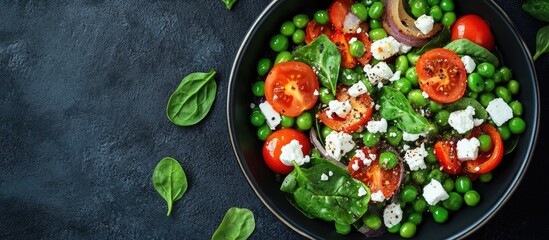 Healthy dish featuring green vegetables such as peas beans and spinach accompanied by braised onions feta cheese and tomatoes for a vegetarian low carb diet copy space selected focus very narrow de