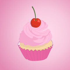 one cupcake with pink frosting and red cherry, vector illustration