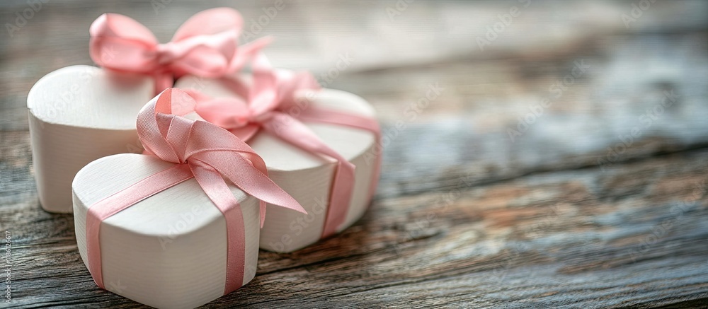Poster White heart shaped gift boxes with pink bows on a rustic wooden surface Selective focus. with copy space image. Place for adding text or design