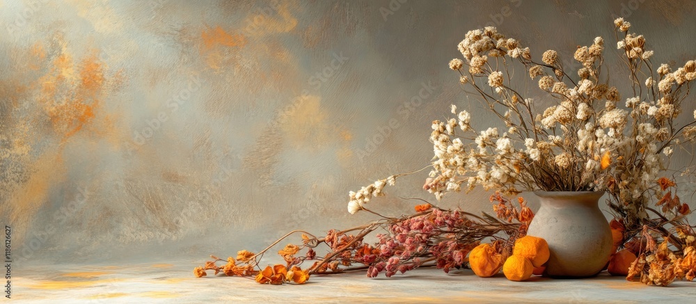 Aufkleber arrangement of dried aegle marmelos and flowers still life. with copy space image. place for adding 