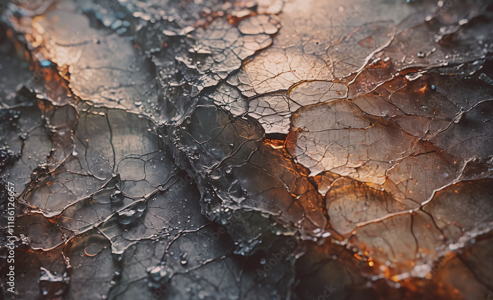 Poster close up of a rock with cracks and water droplets on it. the rock is brown and has a rough texture