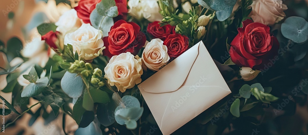 Aufkleber a lovely arrangement of flowers and an envelope. with copy space image. Place for adding text or design