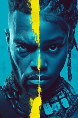 Dramatic split portrait of man and woman with bold blue and yellow contrast