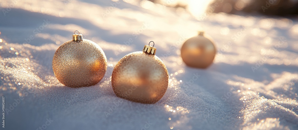 Poster christmas golden ornaments on the snow close up. with copy space image. place for adding text or des