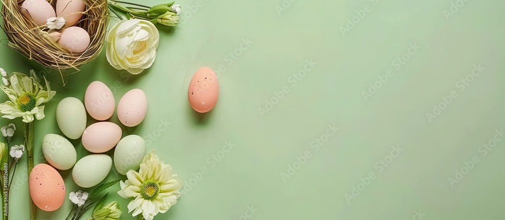 Aufkleber Easter idea on a green background with a top view mockup. with copy space image. Place for adding text or design
