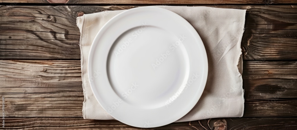 Poster empty white plate on a light napkin against a wooden background top view. with copy space image. pla