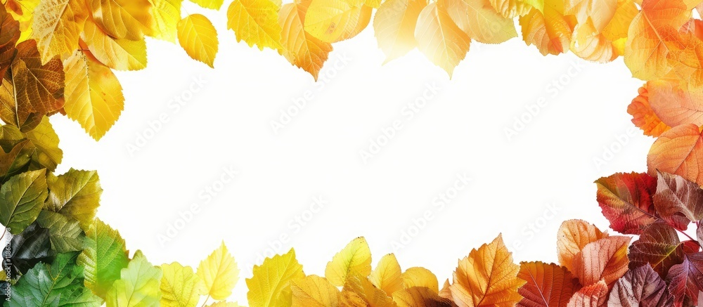 Poster The right border features a frame of autumn leaves A rainbow gradient of yellow orange brown and green overlaps in rows and columns There is a blank white background on the left for copy space