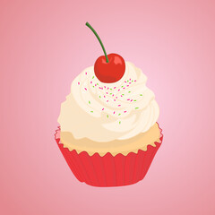 one cupcake with vanilla cream frosting and colorful sprinkles, vector illustration