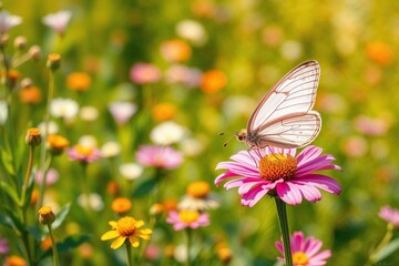 Butterfly perched on pink flower in a vibrant meadow
