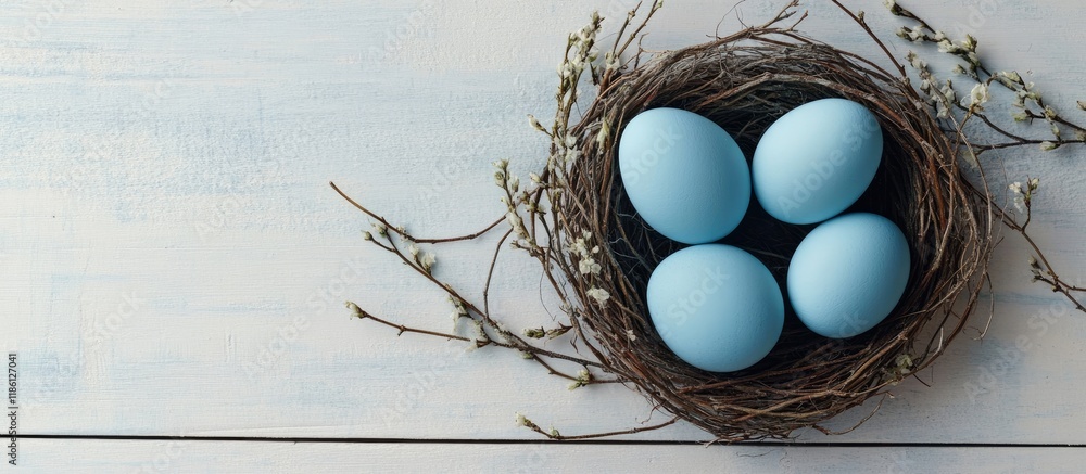 Aufkleber blue easter eggs placed in a vine nest on a white wooden surface festive background for a postcard o