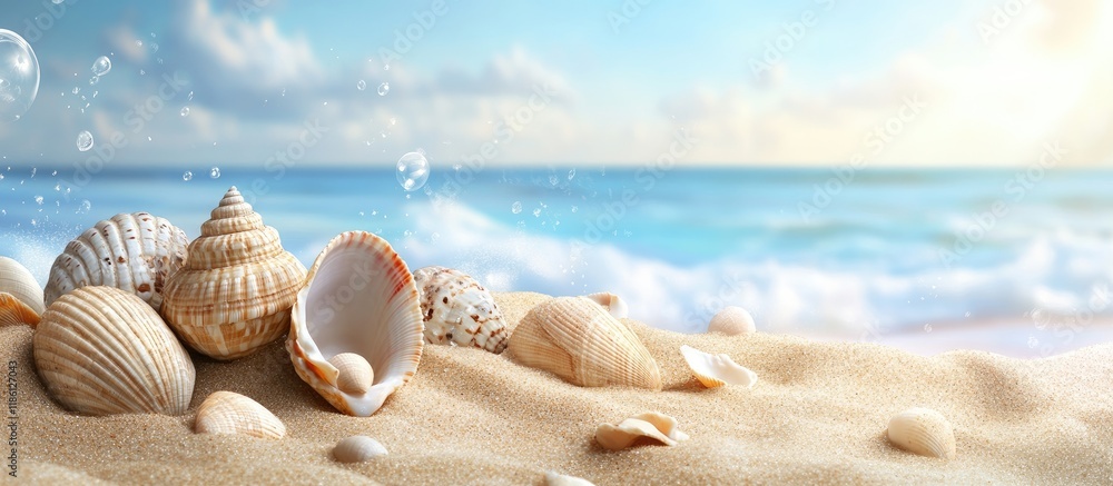 Aufkleber Summer backdrop featuring sand and seashells. with copy space image. Place for adding text or design