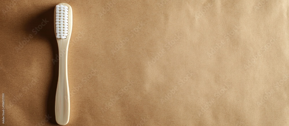 Poster bamboo toothbrush featuring a white handle set against a brown craft paper background in a flat lay 
