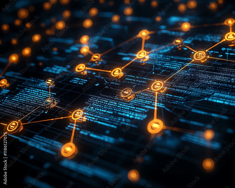 Poster digital world map with interconnected business nodes, symbolizing global communication, human resour