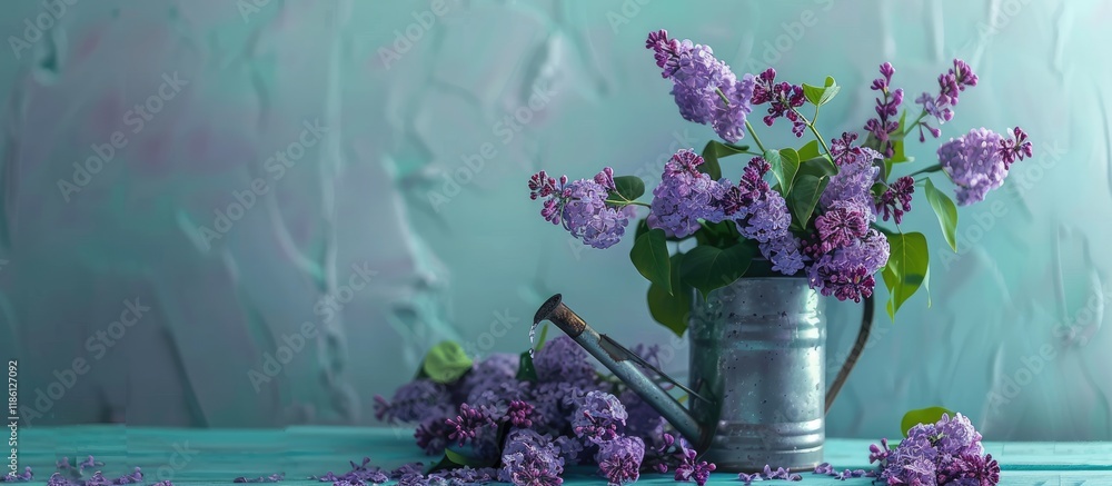 Poster bunch of purple lilacs with a metal watering can. with copy space image. place for adding text or de