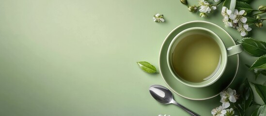 Green tea cup with a teaspoon and flower buds along with copy space Concept for a summer menu