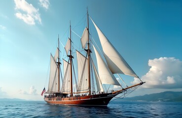 Classic wooden sailing ship sailing on calm sea. White sails billow in azure sky. Crew members on deck of historic vessel. Sun shines on Mediterranean sea. Seascape with nautical, classic, timeless