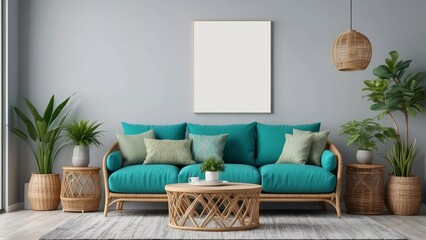 Home interior with Turquoise sofa, Brights pillows, lamp and green plants in living room