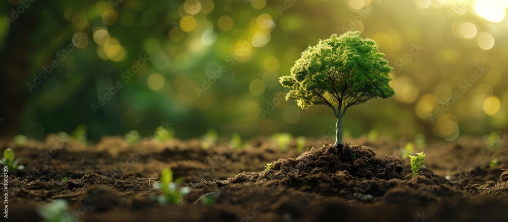 Poster small tree in soil with a forest backdrop. with copy space image. place for adding text or design