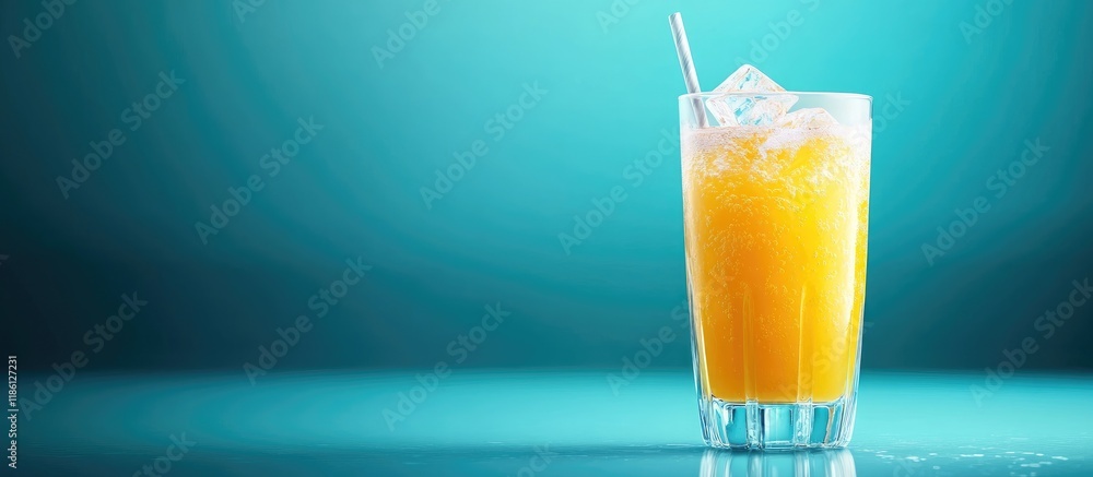 Poster a glass of orange juice with ice and a straw set against a blue background. with copy space image. p