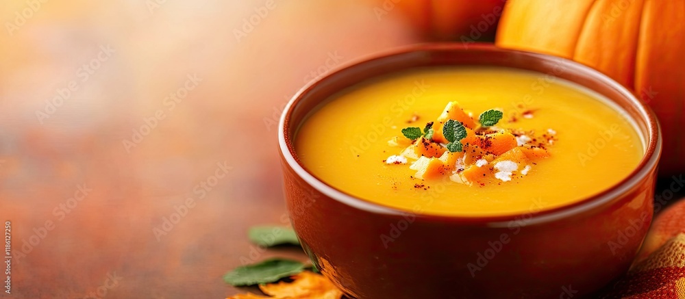 Leinwandbilder delicious pumpkin cream soup in a pot on a table. with copy space image. place for adding text or de