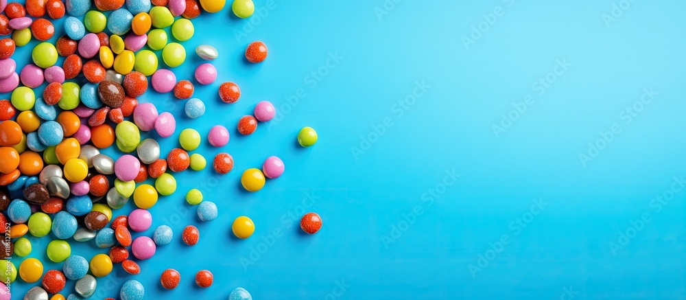 Fototapete vibrant small candies on a colored backdrop. with copy space image. place for adding text or design
