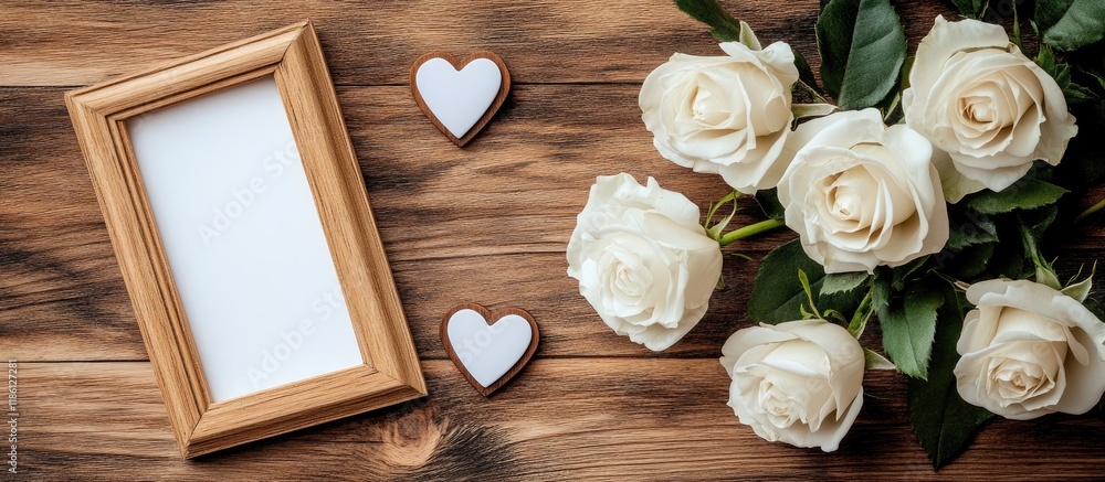 Poster valentine s day theme featuring lovely white roses and a wooden photo frame on a natural wooden back