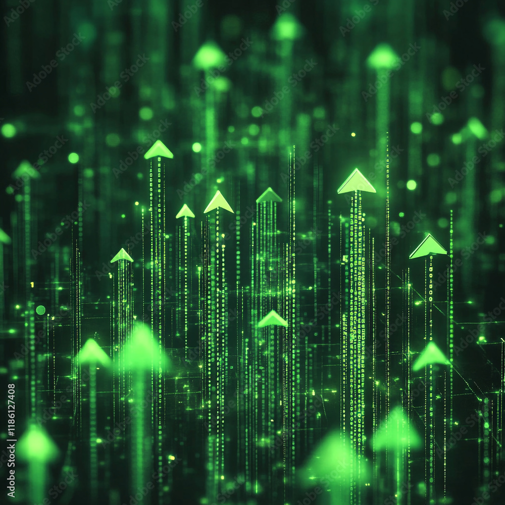 Poster digital green arrows pointing upward representing growth and progress in technology and finance